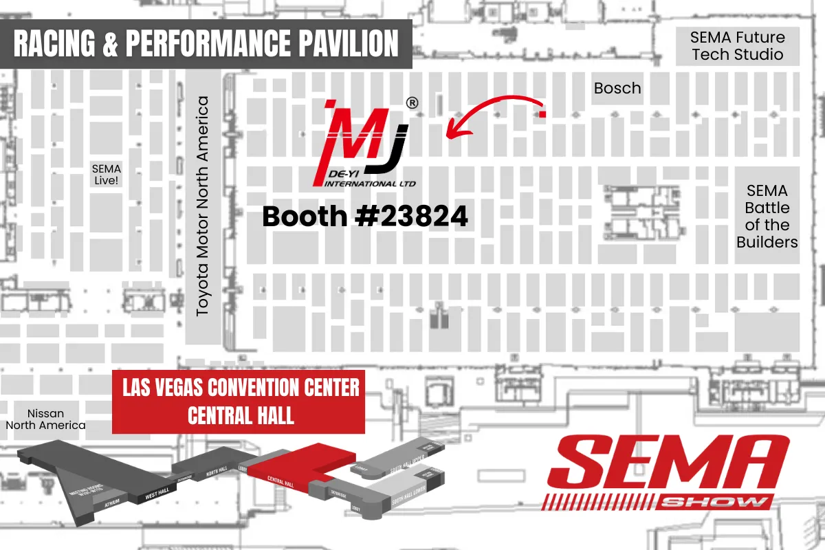 SEMA Show floor map showing MJ Booth #23824